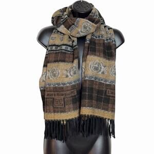 VTG LAURA BIAGIOTTI ITALY PLAID FLORAL STRIPE ACRYLIC FRINGED SCARF BOHO CLASSIC